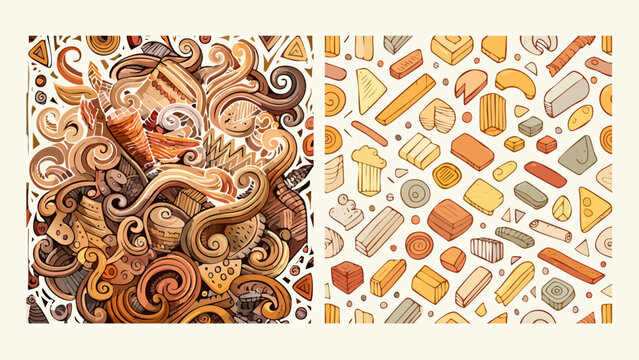 Delicious assortment of desserts and pastries depicted in a delightful doodle art style on a white background
