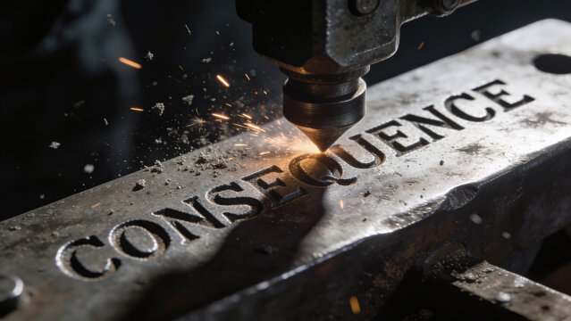 Consequence accountability metal engraving metal engraving industrial workshop laser sparks machinery tool steel closeup manufacturing production texture craft design typography word concept