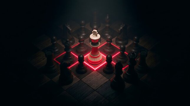 A solitary white chess king stands illuminated but trapped within a glowing red boundary, surrounded by dark adversaries as a powerful metaphor for isolated leadership under pressure.