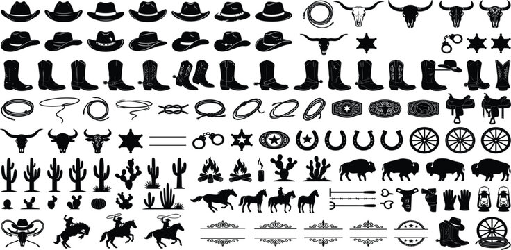 Western Cowboy and Rodeo Silhouette Icon Set Featuring Hats, Boots, Horses, Cattle, Ranch, and Desert Symbols