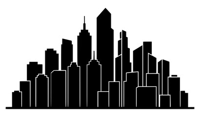 Fototapeta premium Monochrome City Skyline Icon Vector with Modern Skyscraper Building Cluster Silhouette
