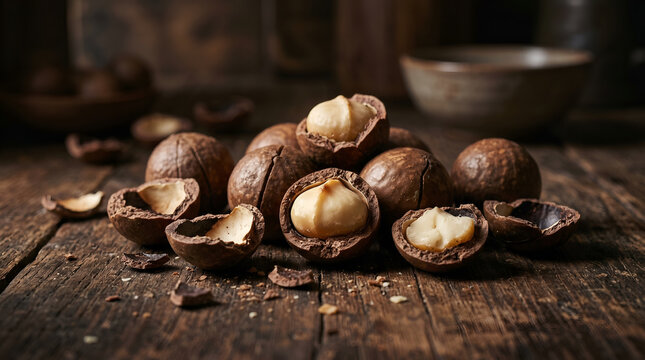Close-up of raw macadamia nuts in hard brown shells with cracked and opened kernels on a rustic dark wooden table.