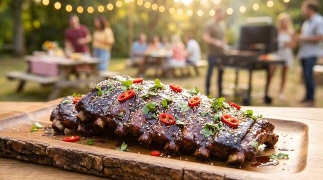 Delicious grilled ribs on wooden board outdoor party