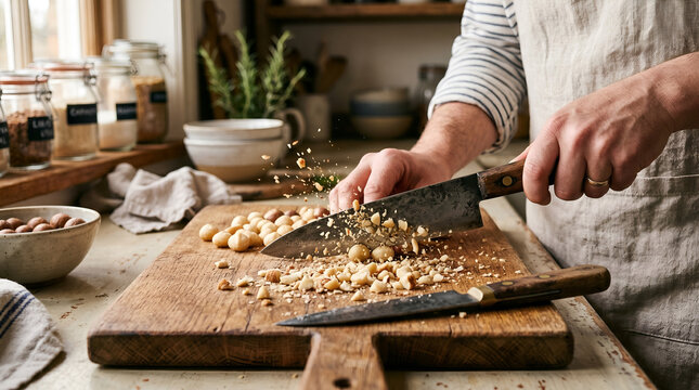 Close-up of a chef wearing an apron chopping macadamia nuts with a sharp kitchen knife on a rustic wooden cutting board with pieces flying in mid-air.