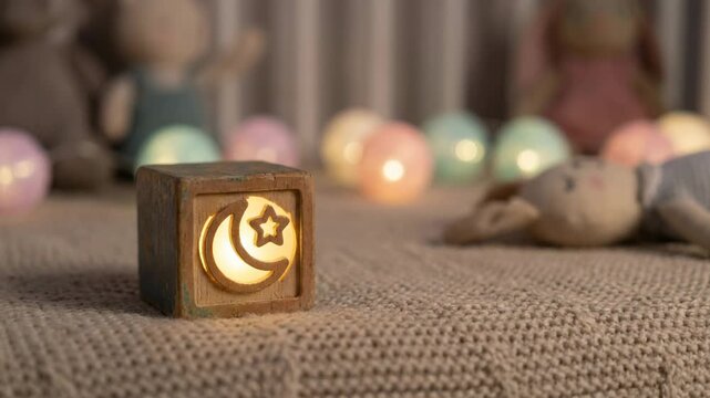 Bear doll with city ruin in background concept. Cozy wooden block with moon and star light on knitted blanket with soft toys and pastel fairy lights