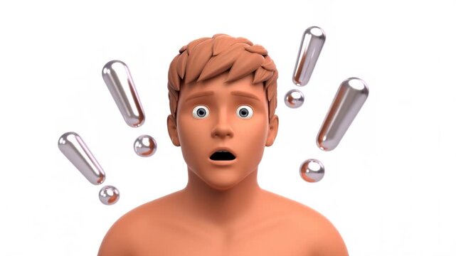 Static shot of young man startled as metallic exclamation marks float and shift around head with mouth open on white studio background closeup frontal portrait