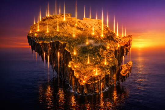 Africa rising vertical continent 3D render glowing amber gold with city beams Africa Day African Union pan-Africanism May 25 decolonization independence unity solidarity