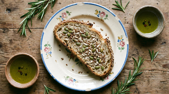 Delicious bread on a plate with olive oil and herbs on a wooden table for a tasty snack or meal