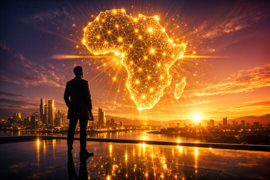Africa Day 2026 visionary silhouette on obsidian terrace overlooking golden futuristic metropolis with holographic glowing Africa installation sunrise unity progress