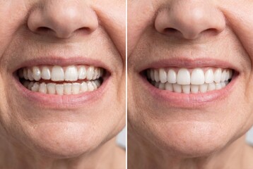 Fototapeta premium Split image showing a woman's smile before and after orthodontic treatment with clear aligners for straighter teeth.