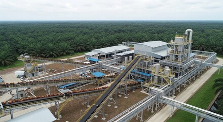 Fototapeta premium Aerial view of a large-scale industrial palm oil processing mill complex with extensive conveyor systems surrounded by lush green plantations.