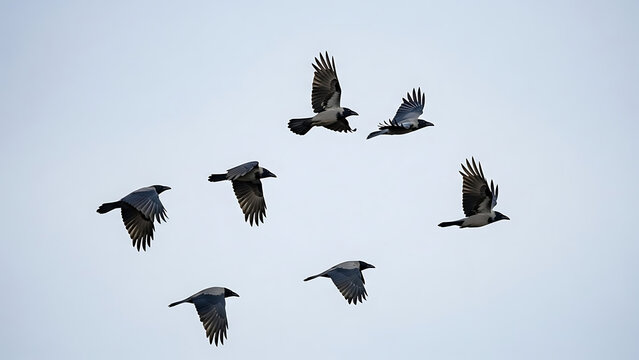 Dramatic flock of black crows soaring across a moody evening sky during seasonal migration, large group of dark corvid birds in wild flight formation against a grey overcast atmosphere