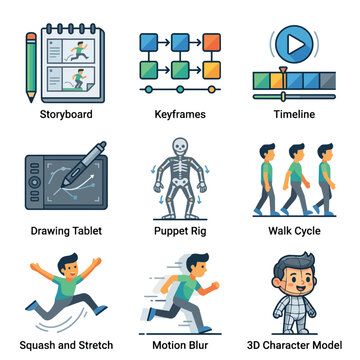 Animation production tools and techniques illustration set.