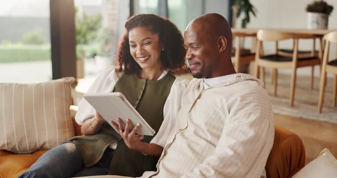 Tablet, smile and couple with high five on couch, online shopping or celebration for digital auction. Winning, home or African people with tech for virtual marketplace, bidding or listing procurement
