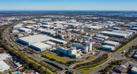 Fototapeta premium Expansive Aerial View of a Large Industrial Estate Featuring Manufacturing Plants and Warehousing Facilities.