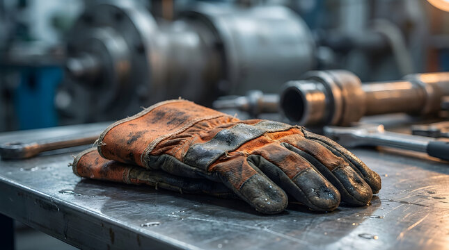 Dirty, worn work gloves on a metal industrial workbench with blurred tools in a workshop, symbolizing hard work and safety