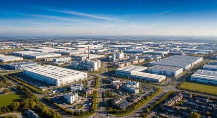 Fototapeta premium Expansive Aerial View of a Vast Industrial Estate with Numerous Warehouses and Factories Under a Clear Blue Sky