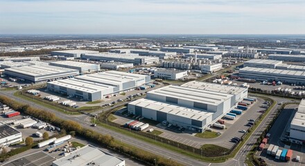 Obraz premium Expansive industrial estate with numerous warehouses and logistics operations under a clear sky