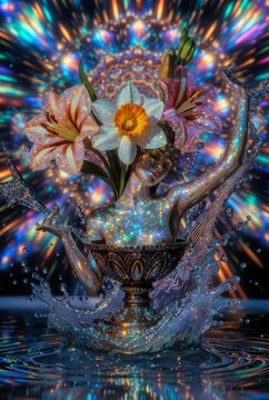 Figura femminile mistica e scintillante che emerge da un calice d'acqua con fiori primaverili, sfondo magico e luci psichedeliche (Generato con IA)