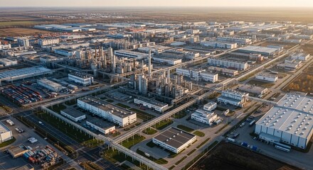 Obraz premium Expansive Industrial Park Infrastructure Seen From Above With Numerous Manufacturing Facilities and Complex Buildings.
