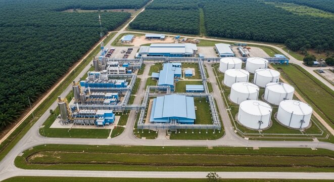 Expansive Industrial Palm Oil Processing Facility with Large Storage Tanks and Extensive Infrastructure Under an Overcast Sky