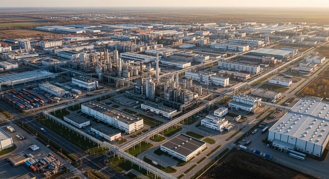 Expansive Industrial Park Infrastructure Seen From Above With Numerous Manufacturing Facilities and Complex Buildings.
