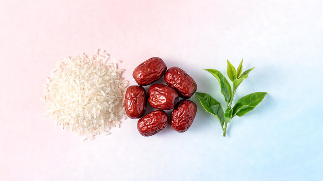 Dried red jujube fruits arranged alongside white jasmine rice grains and fresh green tea leaves