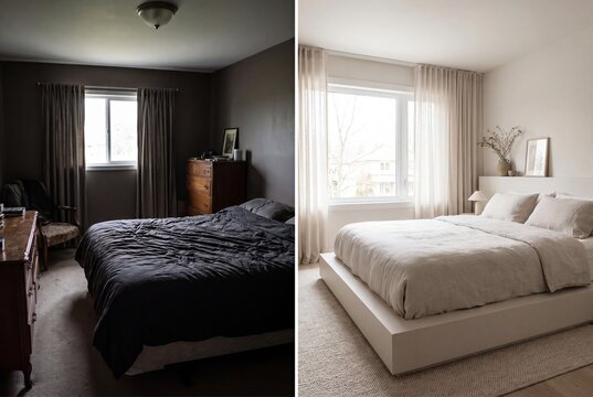 Before and after bedroom renovation: dark, dated room transformed into bright, modern, minimalist sanctuary
