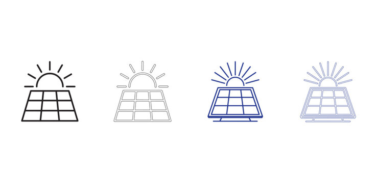 Solar panel with sun icon collection in four different outline styles for energy design.