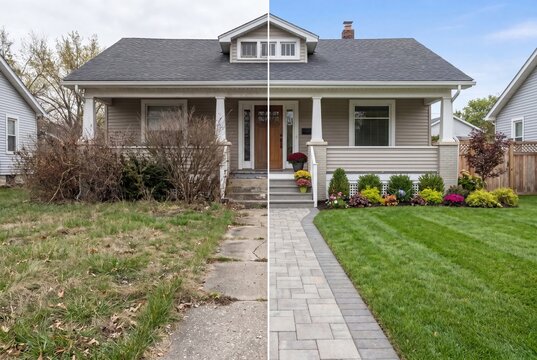 Before and after comparison of a house exterior with overgrown yard transformed into a beautifully landscaped garden.