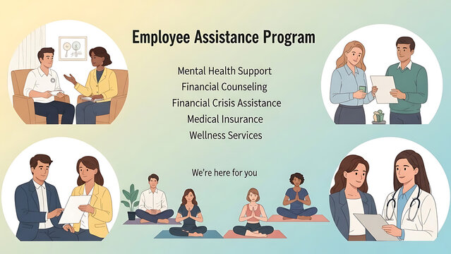 Employee assistance program EAP providing mental health support and financial counseling for corporate workers facing stress or economic crisis to ensure workplace wellness and stability.