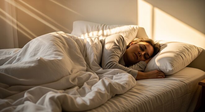 Relaxed Person Peacefully Sleeping Under Soft Blankets In Cozy Bedroom With Warm Lighting