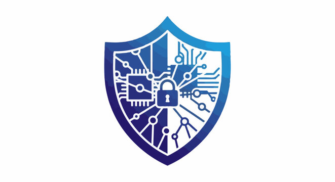 Digital shield icon featuring a circuit board pattern and a locked padlock