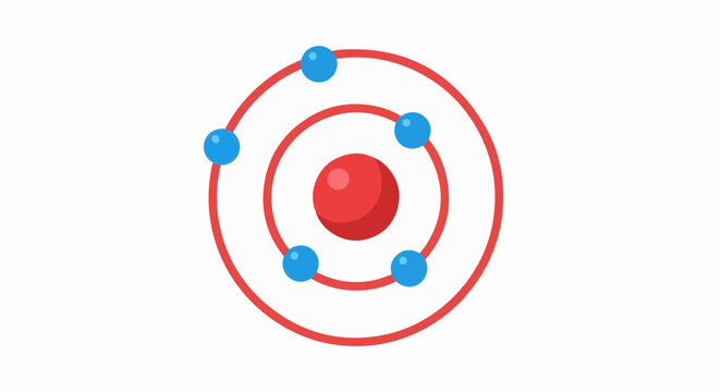 Stylized illustration of an atom with a red nucleus and orbiting blue electrons on red paths