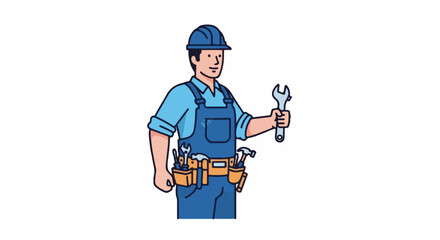 Fototapeta premium A cartoon handyman wearing blue overalls and a hard hat, holding a wrench
