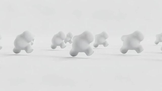 Group of Small White Toy Dogs Running in a Line on White Surface with Soft Focus