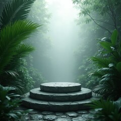 Obraz premium Tiered stone podium in misty jungle setting. Lush green tropical foliage surrounds ancient stone stage. Ethereal atmosphere with soft light creates mystical ambience.