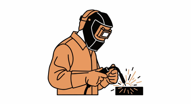 A welder in protective gear works on a metal object, creating sparks
