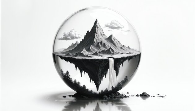 Floating island with mountain waterfall inside clear glass sphere. Miniature natural landscape, surreal concept, digital art, fantasy realm.