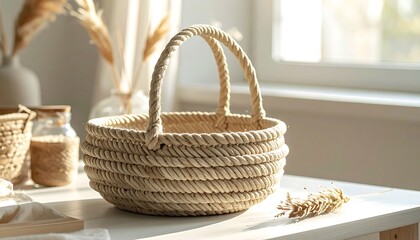 Fototapeta premium A woven basket embodies natural living, showcasing the simple science of sustainable materials and their contribution to a healthy home environment through mindful decor