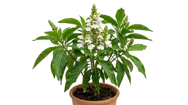 Justicia adhatoda plant with white flowers in a terracotta pot isolated on transparent background
