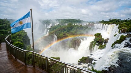 Obraz premium Iguazu Falls landscape featuring Argentina flag and rainbow over cascading water in lush jungle ideal for South American travel guides