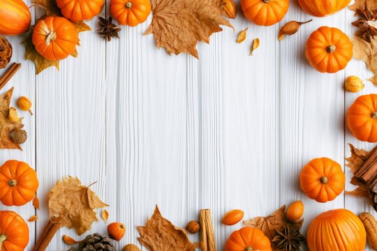 Vibrant Autumn Pumpkins and Leaves on Wooden Background for Seasonal Decorations and Crafts