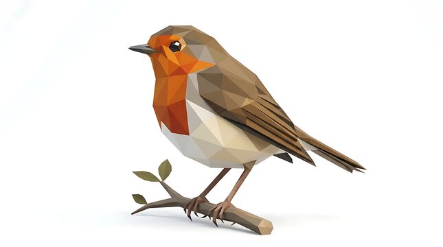 Low poly geometric robin bird perched on a branch isolated on white