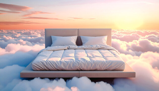 Lit avec couette et oreilles dans les nuages au lever du soleil