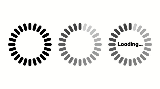 Three circular loading spinners in black, gray, and a Loading label, illustrating modern UI loading indicators for web and mobile app interfaces.