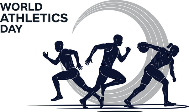 World Athletics Day Typography Banner with Running and Discus Throw Athletes