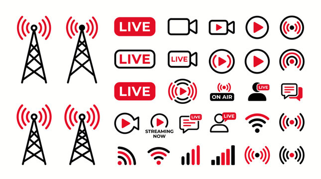 Collection of broadcast antennas with live streaming icons and red LIVE badges, symbolizing broadcasting, live video, wireless signals, and online media transmission