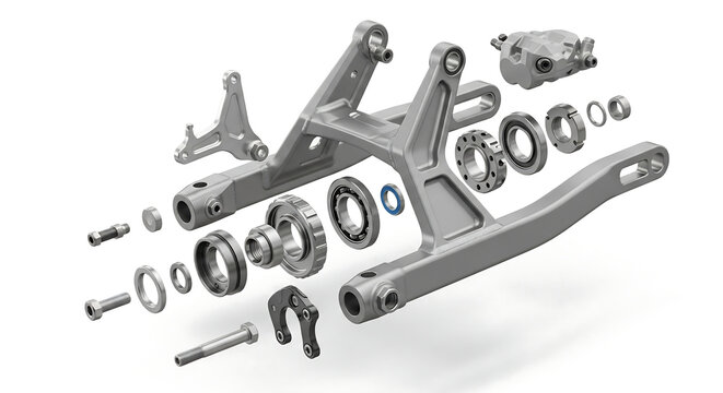 Exploded view of a motorcycle swingarm assembly showing various mechanical components.