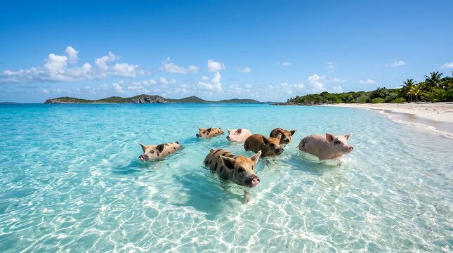 Swimming pigs in turquoise ocean water at Big Major Cay Bahamas wide angle tropical landscape ideal for travel blog headers